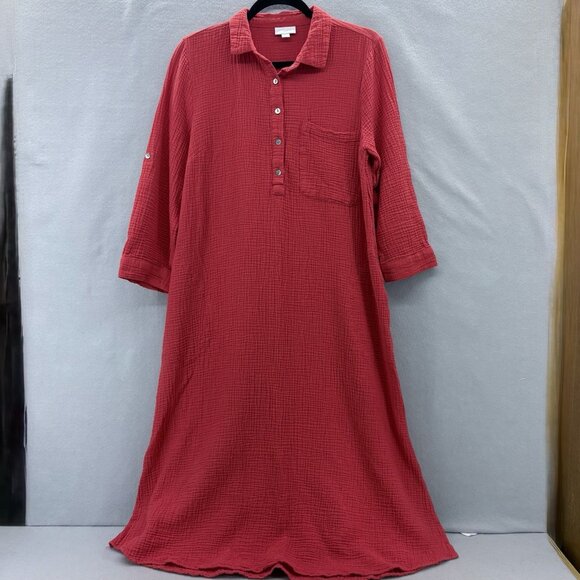 J.Jill Dresses & Skirts - J. Jill Cotton-Gauze Shirtdress in Persimmon Red Orange SZ Small Beachy, Coastal